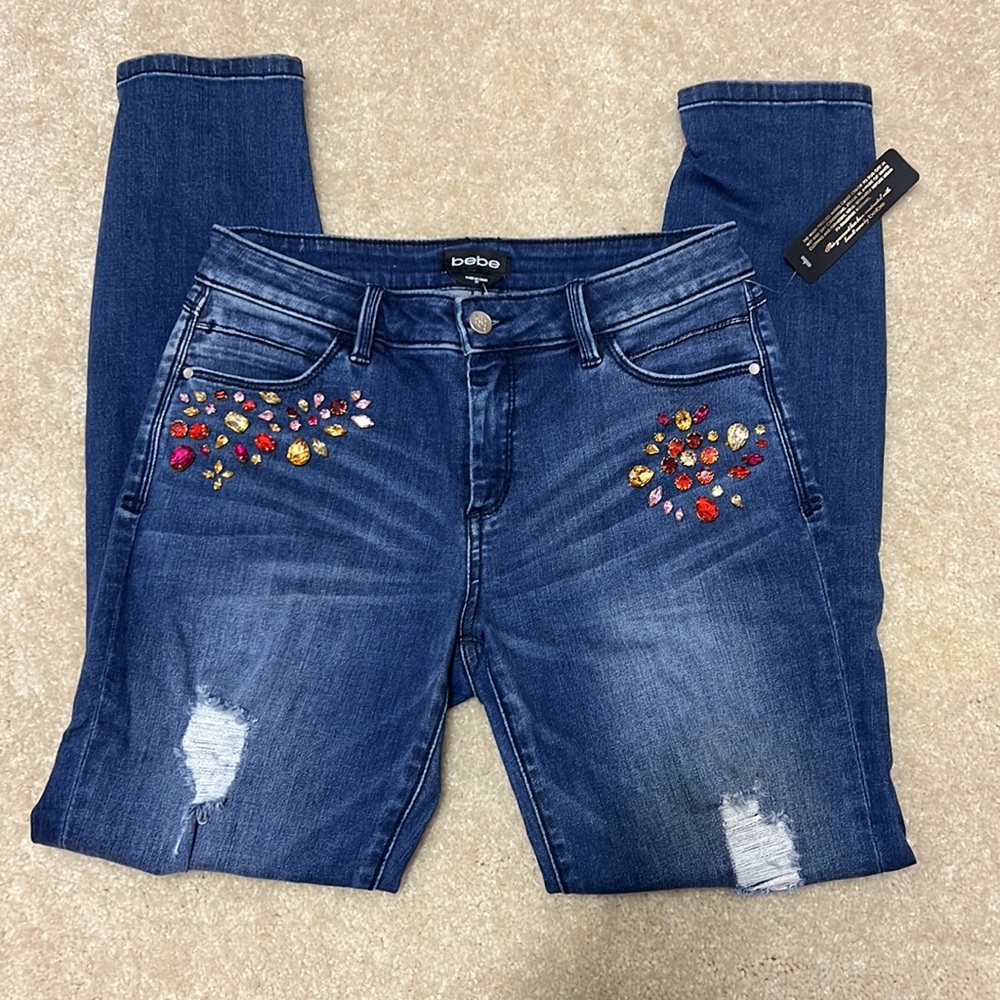 BEBE Gelfling Heartbreaker Skinny Rhinestone Jeans - 29
